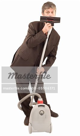 Businessman speak thru vacuum cleaner isolated on white background