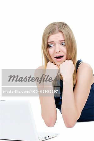 beautiful young girl with laptop isolated on white background