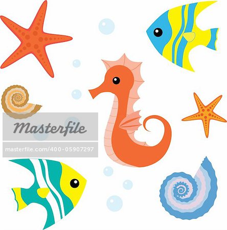 Set of sea life: seahorse, fish, shell, starfish