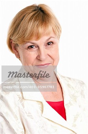 Portrait of cheerful mature woman over white background