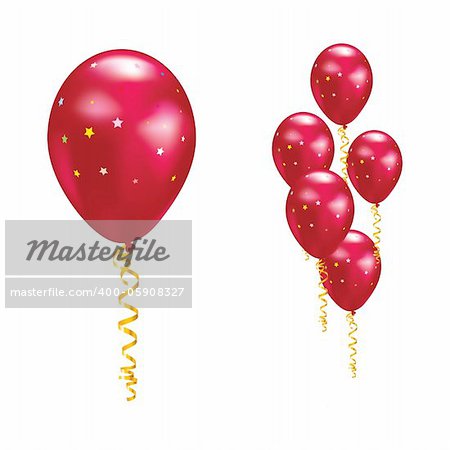 Red balloons with stars and ribbons. Vector illustration.