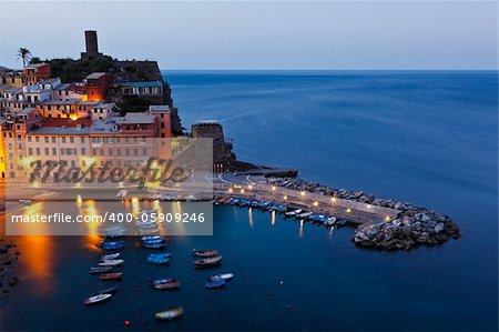 Harbor in Historical Village Vernazza in the Night, Cinque Terre, Italy