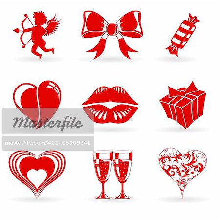 Collect Valentines Day Icons with Hearts, Cupid, Lips and decoration element, vector illustration