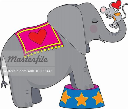 A circus elephant standing on a circus tub, has a mouse with a red heart on her trunk.