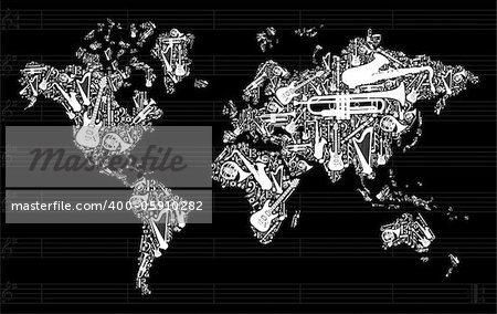 Globe World map silhouette made with musical instruments icon set in black background. Vector file available