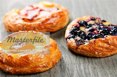 Closeup on three sweet fruit danish desserts