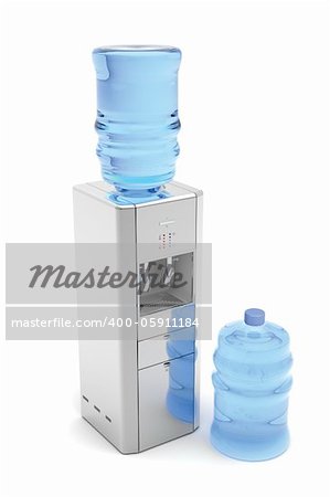 Silver water dispenser with bottles on white