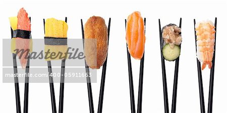 Five pieves of sushi in a row being held up with black chopsticks isolated on a white background.