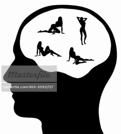 A graphic of a man with sexy women on his mind. Isolated on a solid white background.