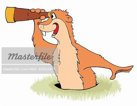 Groundhog Day. Groundhog peeps out from its hole with a telescope in its claws. Vector illustration.
