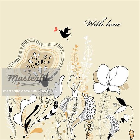 graphical greeting card with flowers and a bird on a light brown background