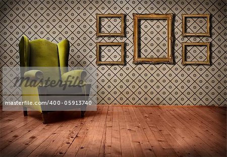 Vintage room with wallpaper and old fashioned armchair