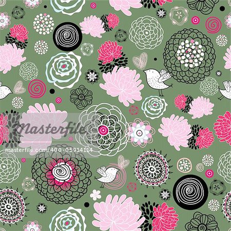 Seamless floral pattern with birds on a dark green background