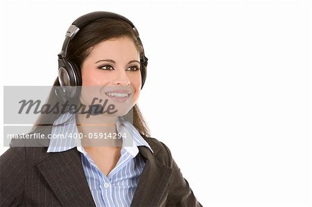 beautiful brunette wearing headset phone on white background