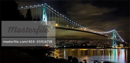 Lions Gate Bridge over Burrard Inlet in Vancouver BC Canada at Night Panorama