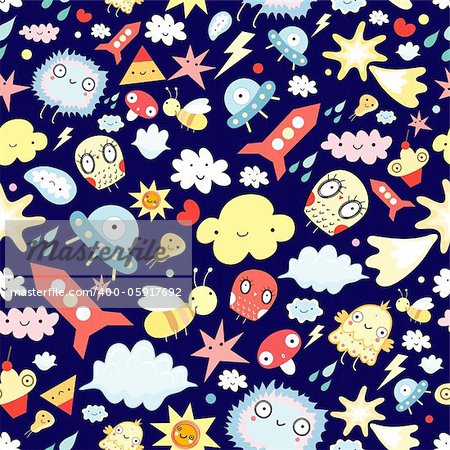 seamless pattern of clouds and cheerful animals and aircraft on a dark blue background