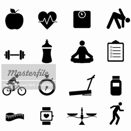 Fitness and diet icon set in black