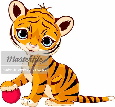 Cute tiger cub playing with red boll