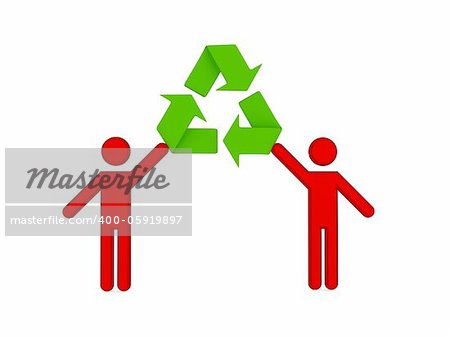 3d small people and recycle symbol. 3d rendered. Isolated on white background.