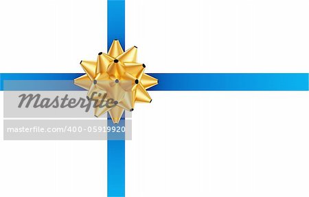 Blue ribbon with golden bow. Isolated on white background. 3d rendered.