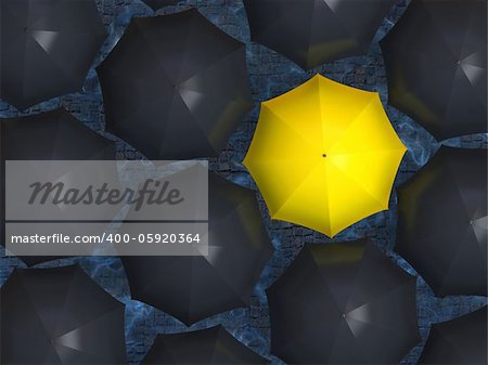 Bright yellow umbrella among set of black umbrellas.