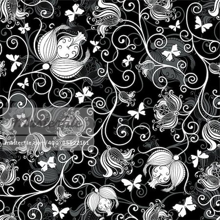 Seamless black and white floral pattern with vintage flowers and butterflies (vector)