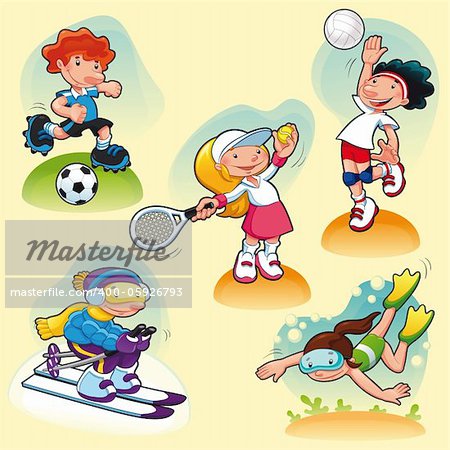 Sport characters with background. Cartoon vector illustration.