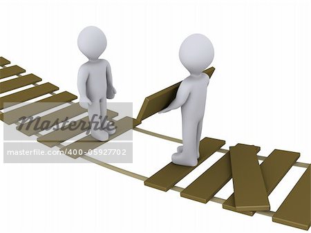 3d person on suspended bridge is helping another to cross