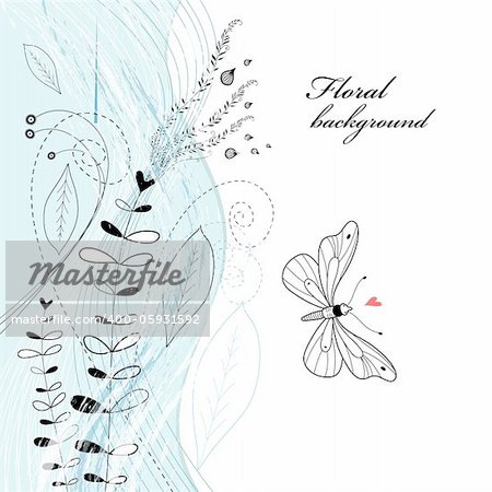 graphic background with blue floral on white with butterfly