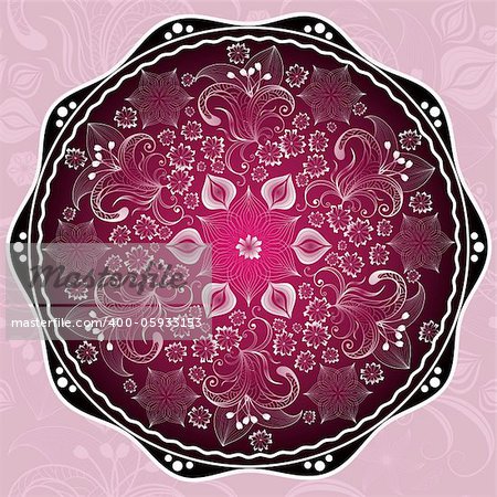 Purple round floral frame with flowers on pink seamless pattern (vector)