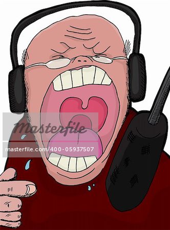 Angry talk show host screaming into a microphone