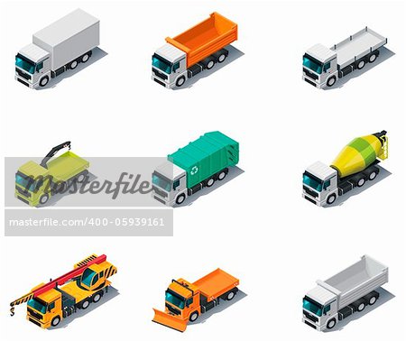 Set of isometric generic trucks (different types)