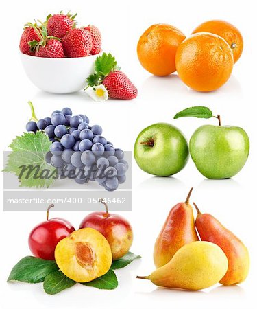 set fresh fruits with green leaves isolated on white background