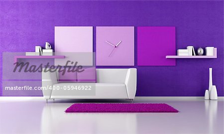 minimalist purple livingroom with white couch - rendering