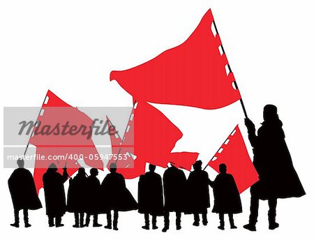 Goup of ten people with red flags. Vector color illustration.