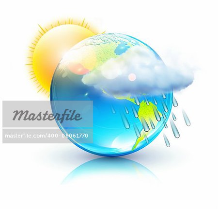 Vector illustration of cool single weather icon â?? blue globe with sun, raincloud and raindrops