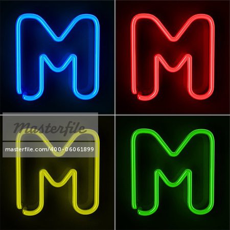 Highly detailed neon sign with the letter M in four colors
