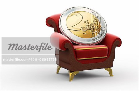 Two Euro coin residing on a throne-like red and brown chair with golden legs and borders. High detailed 3D render over white background.