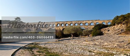 View of Pont du Gard, an old Roman aqueduct in southern France near Nimes