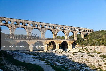 View of Pont du Gard, an old Roman aqueduct in southern France near Nimes