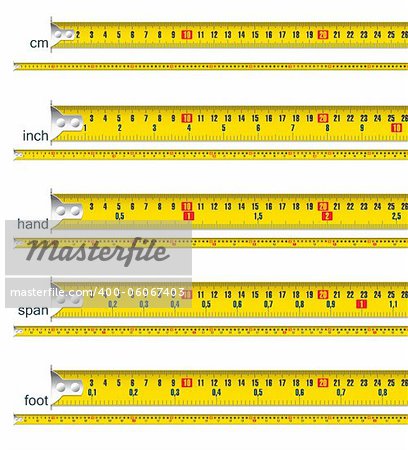 tape measure in cm, cm and inch, cm and hand, cm and span, cm and foot - vector illustration