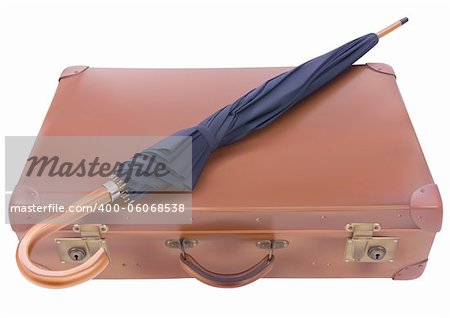Vintage suitcase and umbrella over white background
