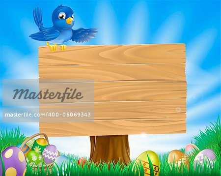 A bluebird Easter cartoon background. Blue bird sits atop  a rustic wooden sign in field of grass with Easter eggs and Easter egg basket.
