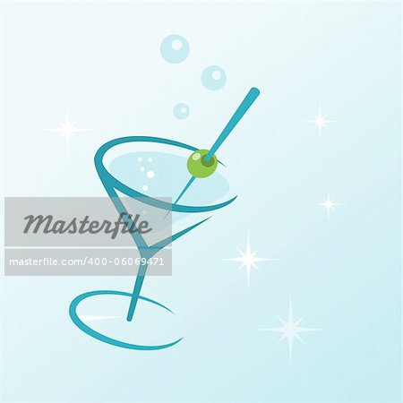 Illustrated dry martini drink with stars around and olive on toothpick