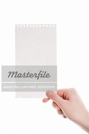 Handmade paper card in woman hand isolated on white background