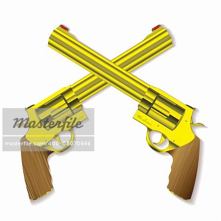Old fashioned golden hand guns crossed with background shadow