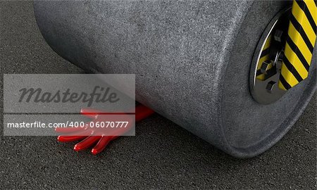 Illustration of hand under a road-roller, as accident