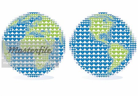 earth globe with heart halftone pattern, vector background
