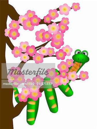 Chinese New Year Green Snake on Cherry Blossom Flowering Tree in Spring Illustration