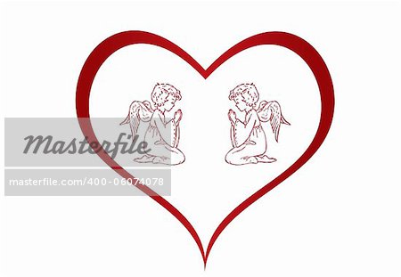 Red heart and angel on white background